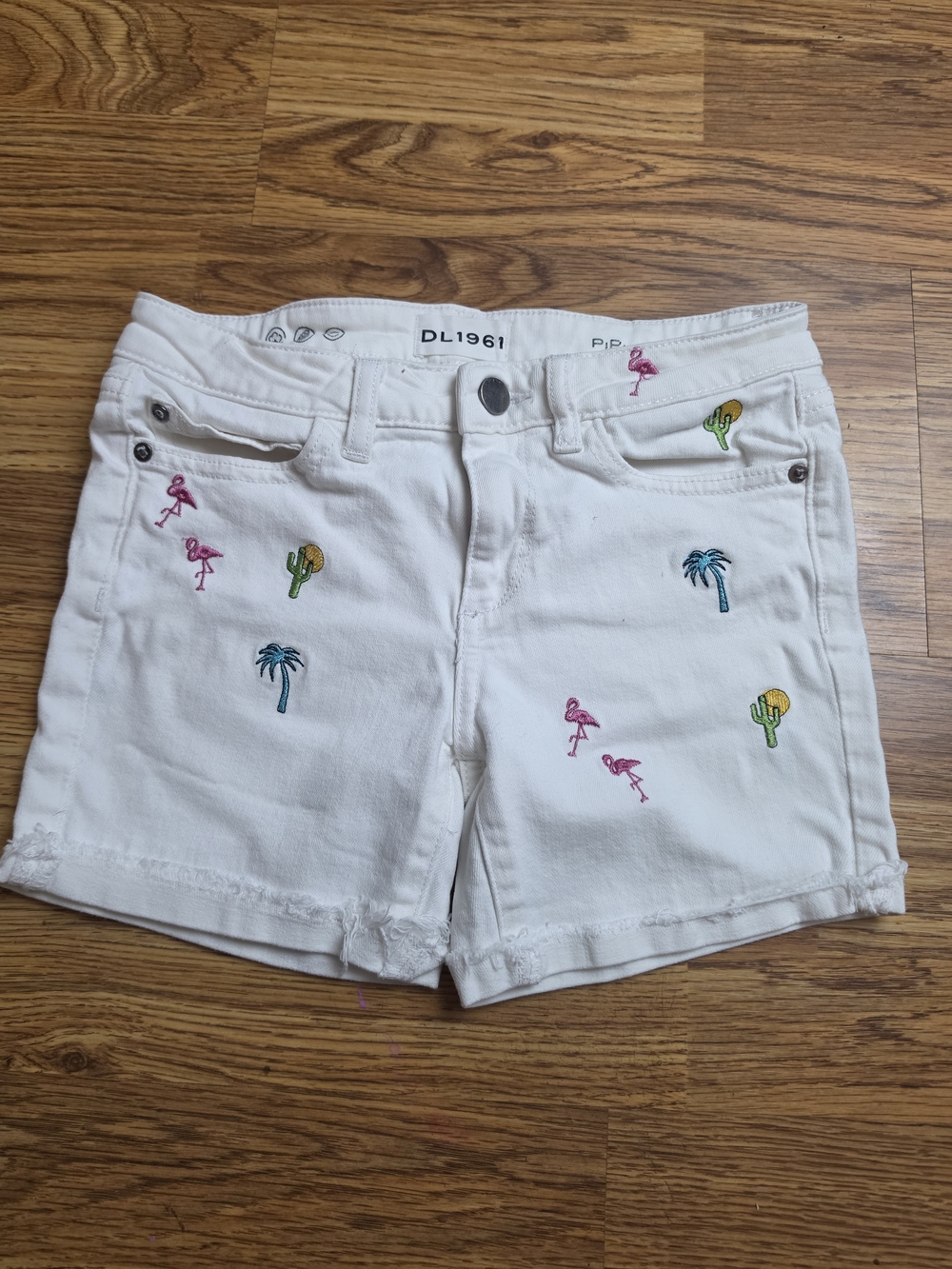 DL1961 White Denim Shorts with Multicolor Tropical Embroidery
